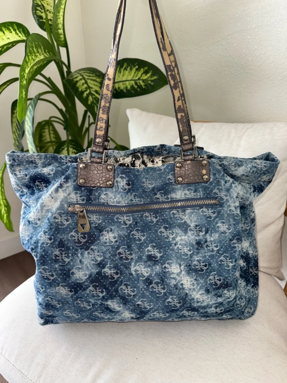 Vintage GUESS Blue Denim Logo Print Large Monogram Y2K Tote Shoulder Bag-READ